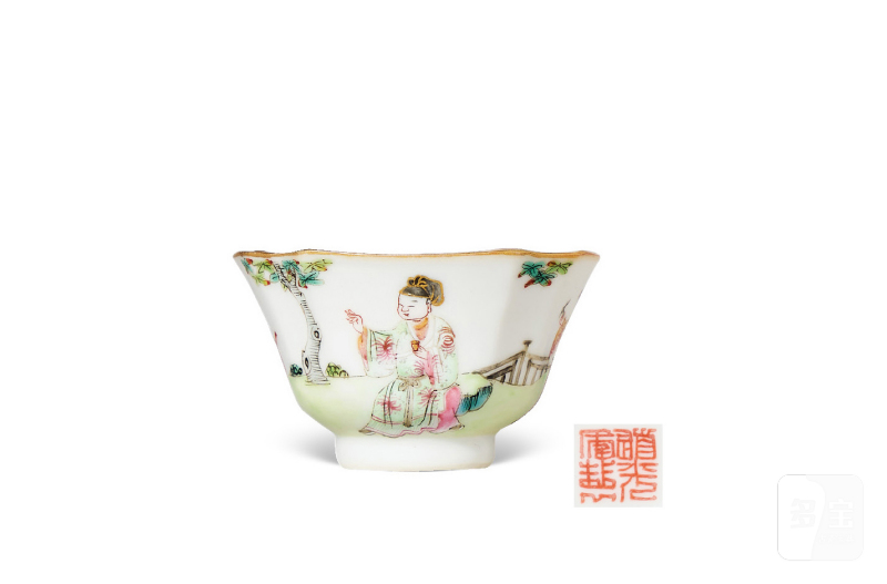 清道光  粉彩“四爱”图倭角杯